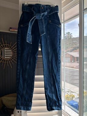 Sezane Maximo Trousers Dark Blue High-Rise Paperbag Jeans with Self-Tie Belt